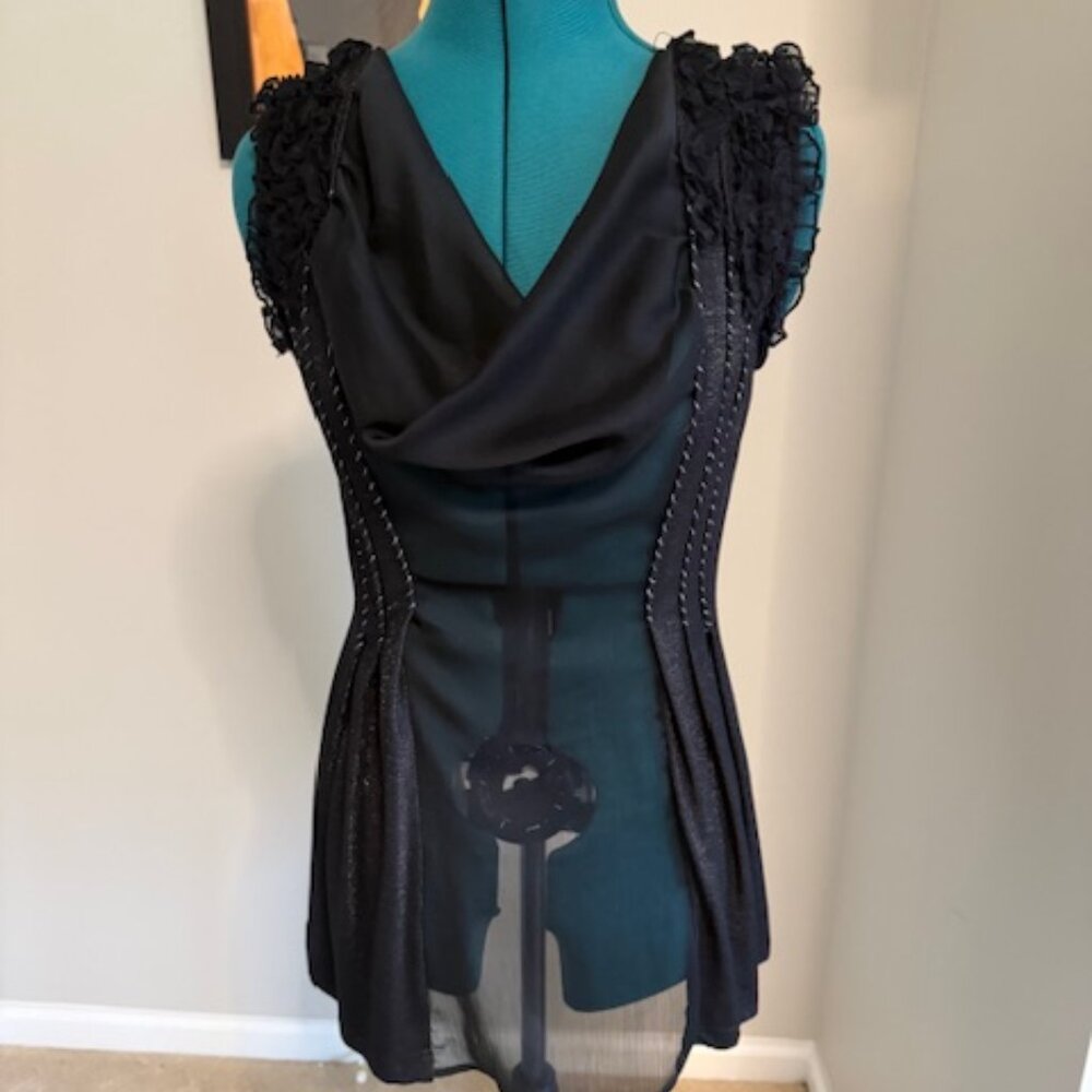 Black Sheer, Draping Neck Top with Gold Threading - Sz M